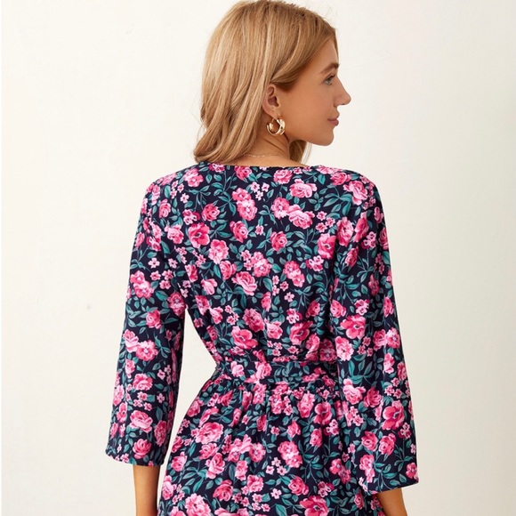Surplice Neck Belted Floral Print Romper - Picture 7 of 8